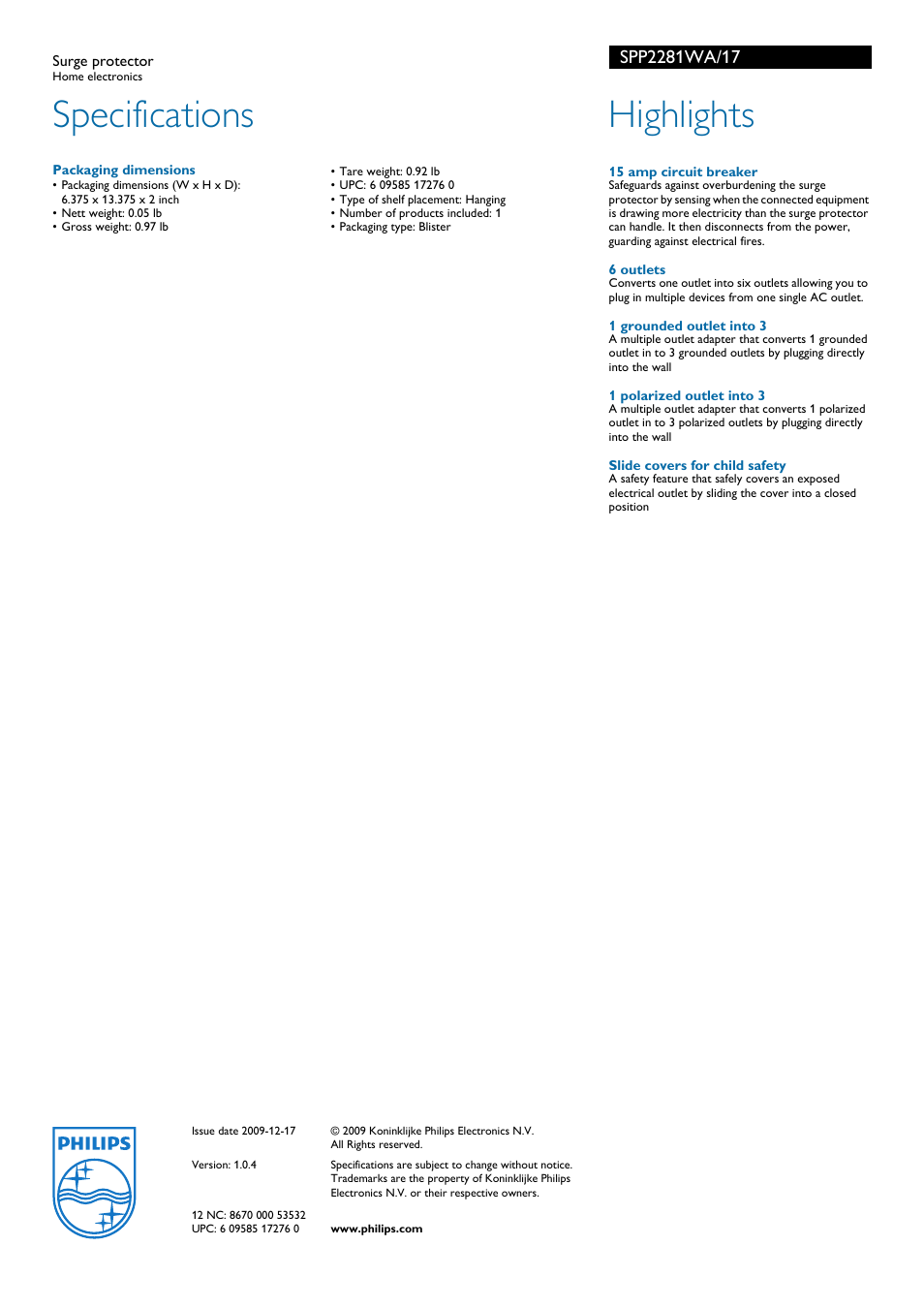 Specifications, Highlights | Philips SPP2281WA-17 User Manual | Page 2 / 2