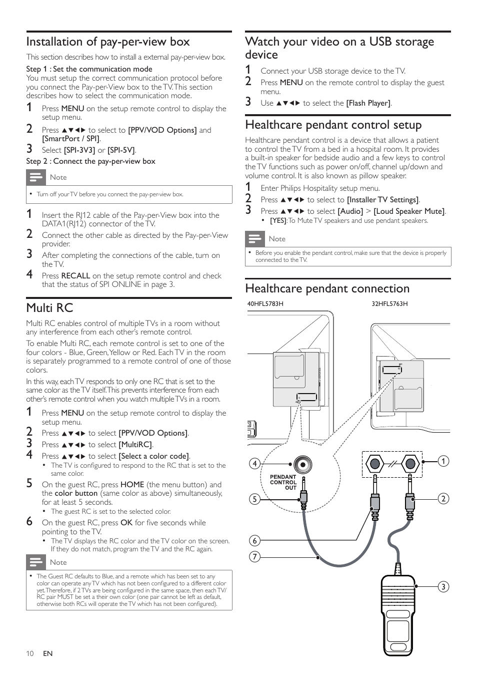 Installation of pay-per-view box, Multi rc, Watch your video on a usb storagedevice | Healthcare pendant control setup, Healthcare pendant connection, Watch your video on a usb storage device 1 | Philips 40HFL5783H-F7 User Manual | Page 10 / 12