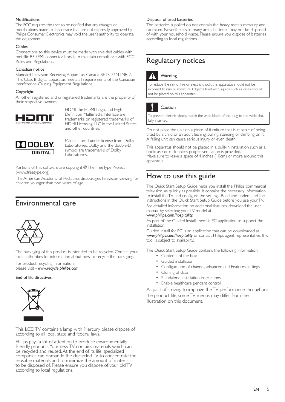 Environmental care, Regulatory notices, How to use this guide | Philips 40HFL5783H-F7 User Manual | Page 5 / 12