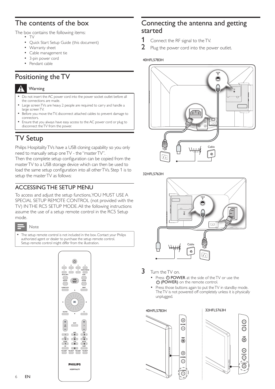 The contents of the box, Positioning the tv, Tv setup | Connecting the antenna and gettingstarted, Connecting the antenna and getting started 1, Accessing the setup menu, The box contains the following items, Connect the rf signal to the tv, Plug the power cord into the power outlet, Turn the tv on | Philips 40HFL5783H-F7 User Manual | Page 6 / 12