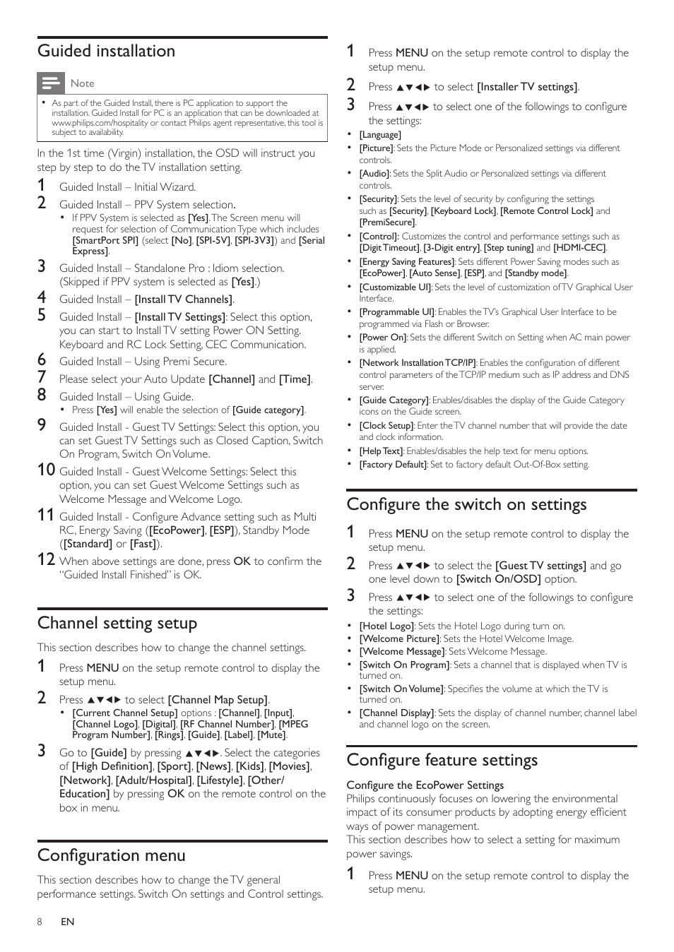 Guided installation, Channel setting setup, Configuration menu | Configure the switch on settings, Configure feature settings, Configure the switch on settings 1 | Philips 40HFL5783H-F7 User Manual | Page 8 / 12
