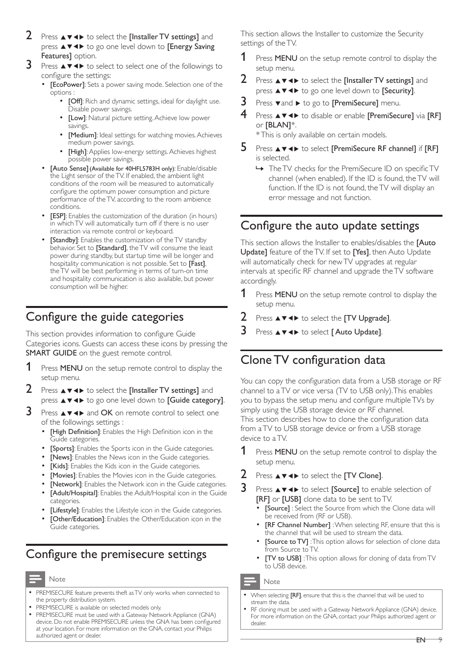 Configure the guide categories, Configure the premisecure settings, Configure the auto update settings | Clone tv configuration data | Philips 40HFL5783H-F7 User Manual | Page 9 / 12