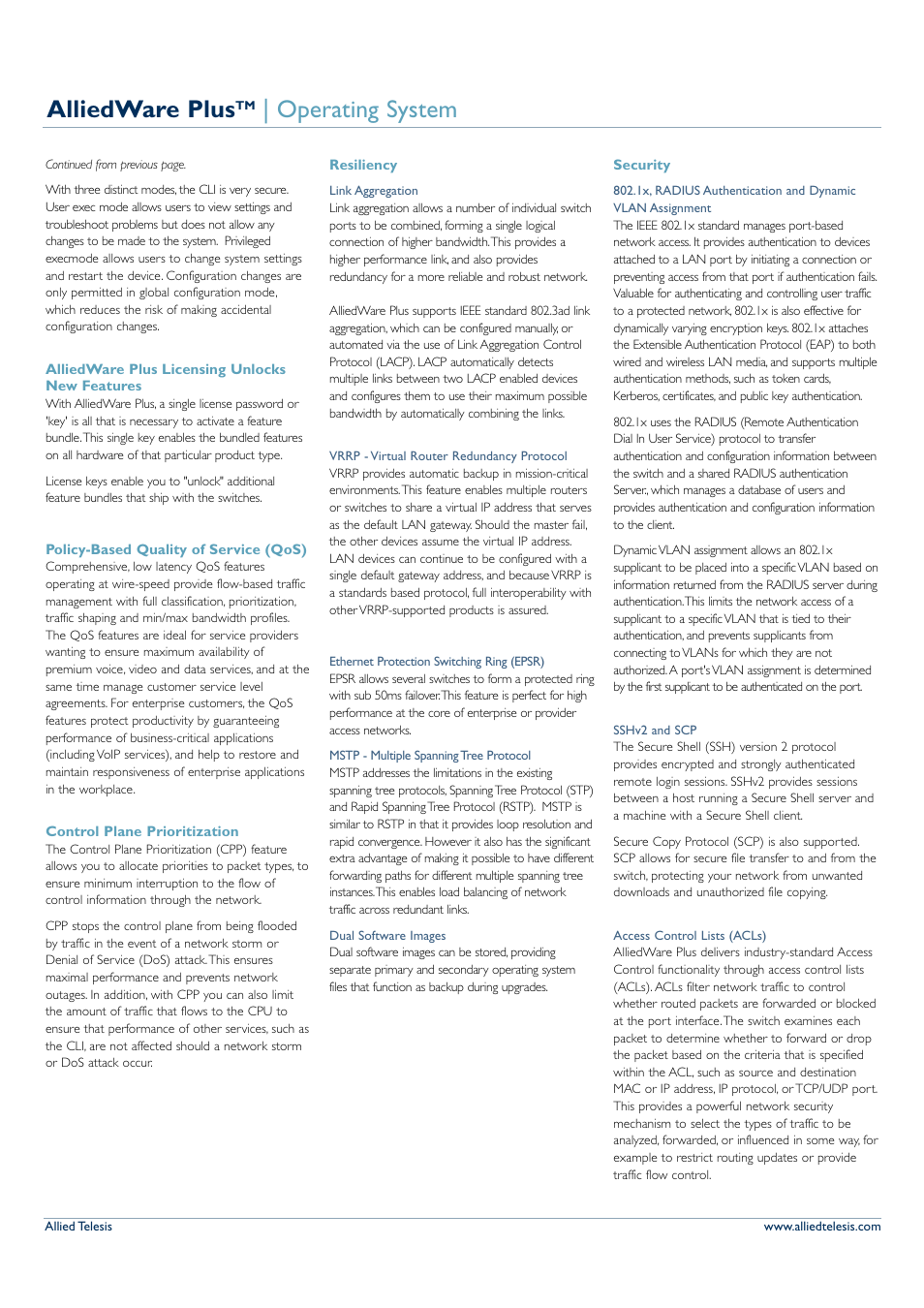 Alliedware plus, Operating system | Allied Telesis AlliedWare Plus 5.2.1 User Manual | Page 2 / 5