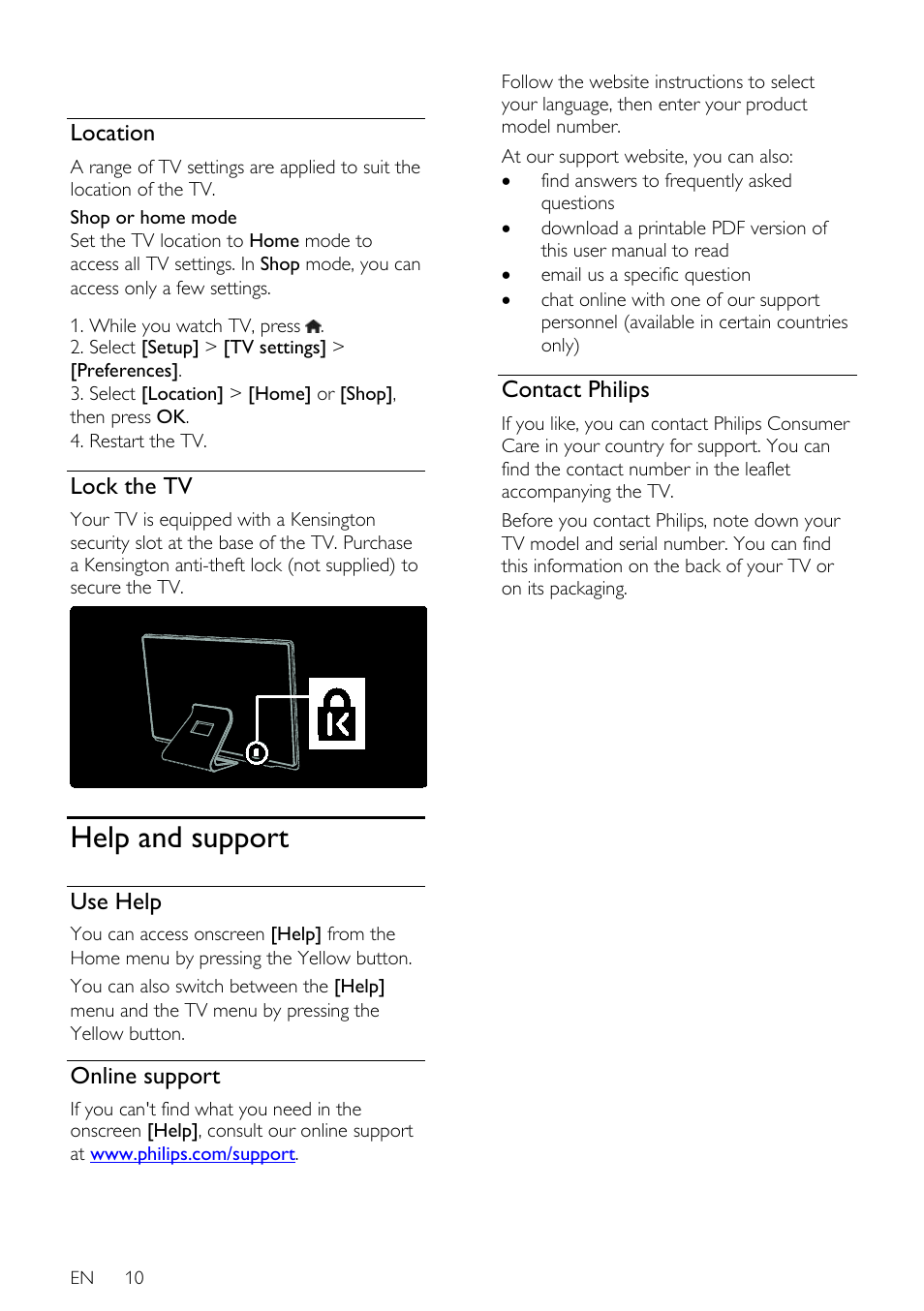 Location, Lock the tv, Help and support | Use help, Online support, Contact philips | Philips 32PDL7906H-12 User Manual | Page 10 / 72