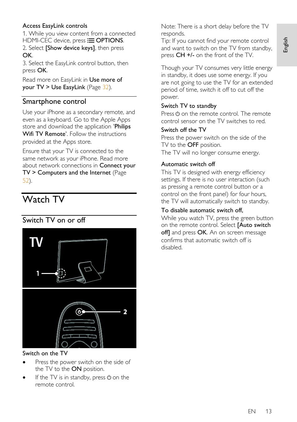Smartphone control, Watch tv, Switch tv on or off | Philips 32PDL7906H-12 User Manual | Page 13 / 72