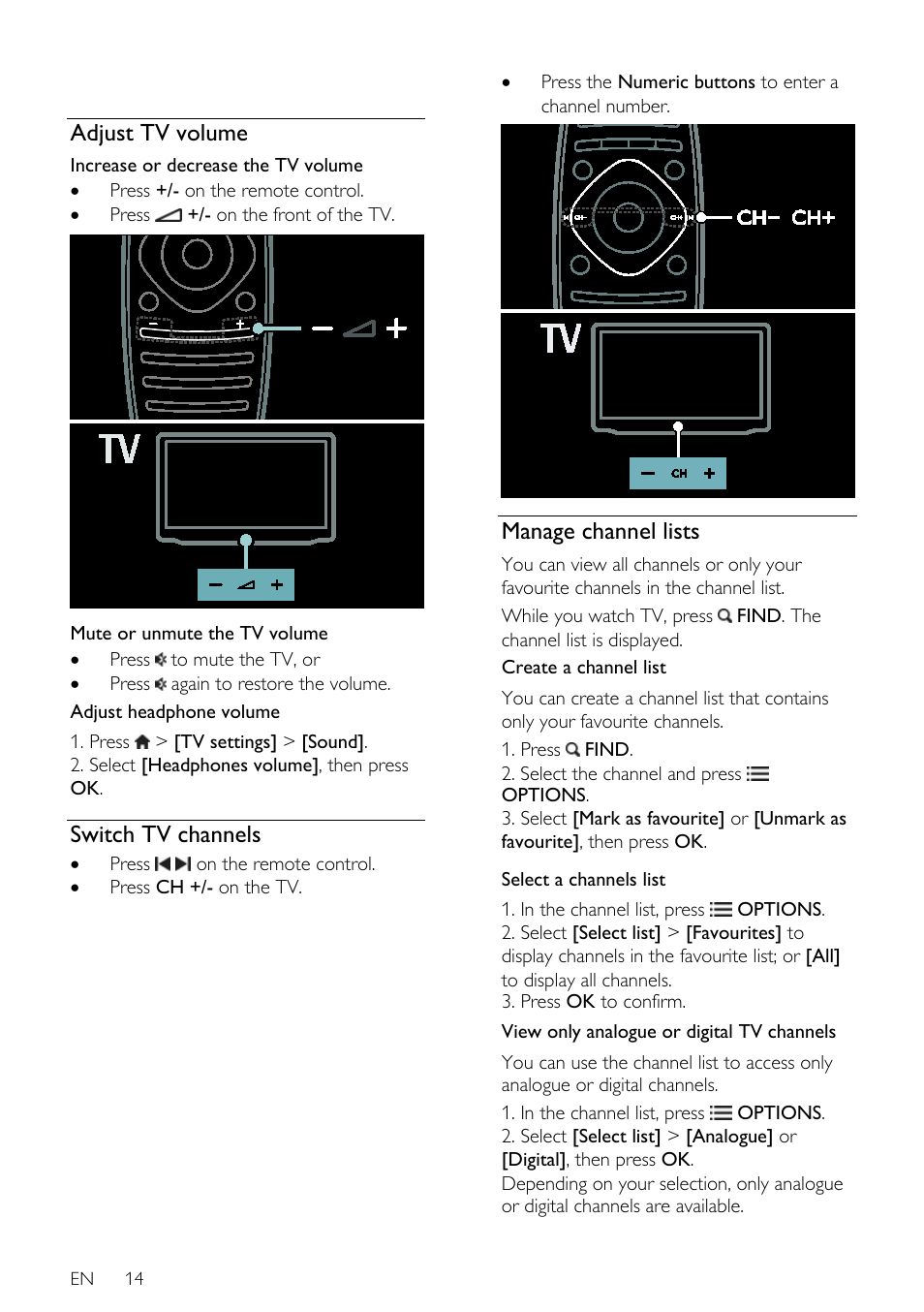 Adjust tv volume, Switch tv channels, Manage channel lists | Philips 32PDL7906H-12 User Manual | Page 14 / 72