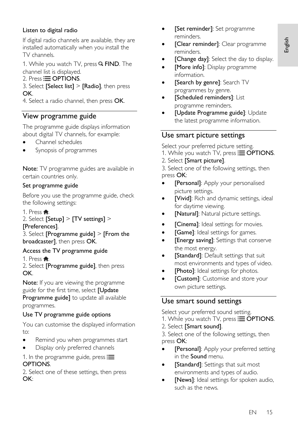 View programme guide, Use smart picture settings, Use smart sound settings | Philips 32PDL7906H-12 User Manual | Page 15 / 72