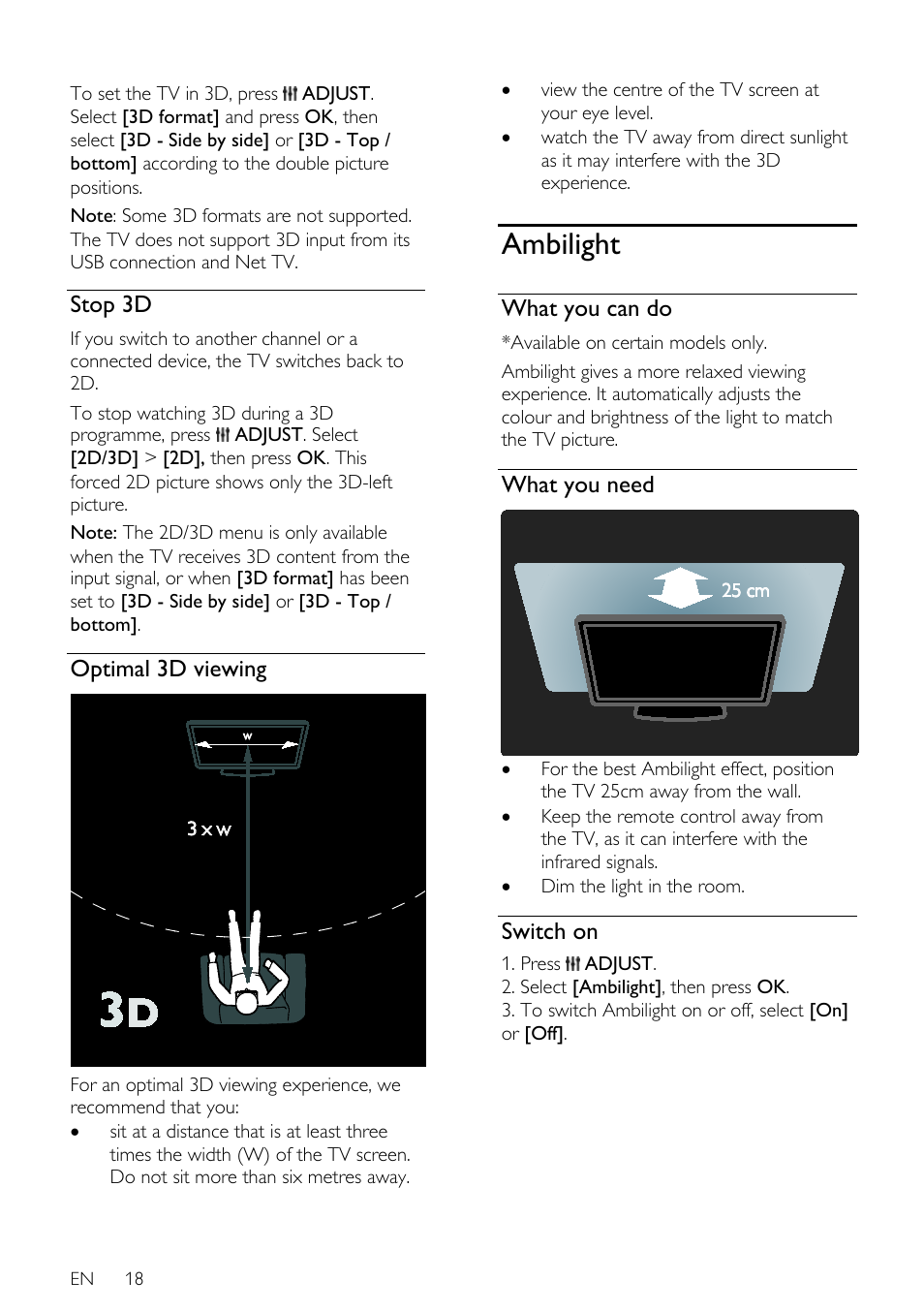 Stop 3d, Optimal 3d viewing, Ambilight | What you can do, What you need, Switch on | Philips 32PDL7906H-12 User Manual | Page 18 / 72