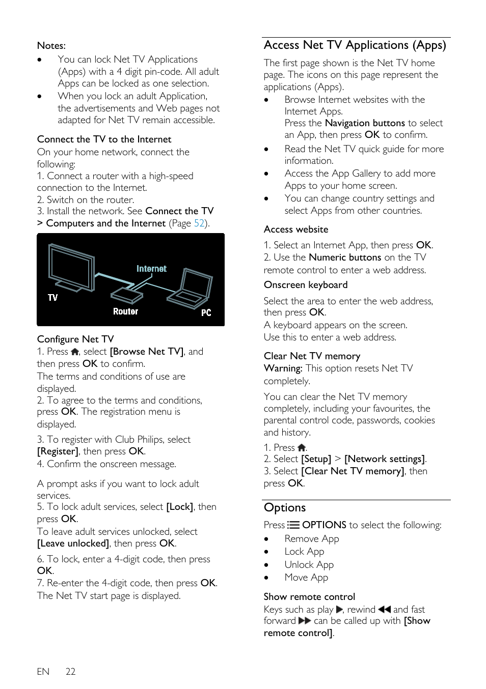 Access net tv applications (apps), Options | Philips 32PDL7906H-12 User Manual | Page 22 / 72