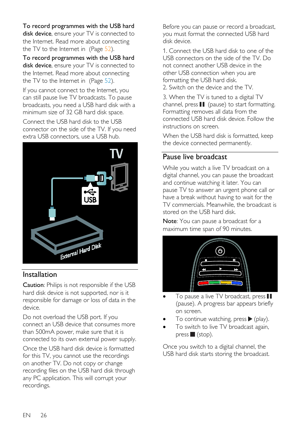 Installation, Pause live broadcast | Philips 32PDL7906H-12 User Manual | Page 26 / 72