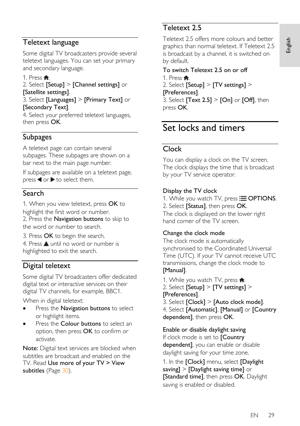 Teletext language, Search, Digital teletext | Teletext 2.5, Set locks and timers, Clock, Subpages | Philips 32PDL7906H-12 User Manual | Page 29 / 72