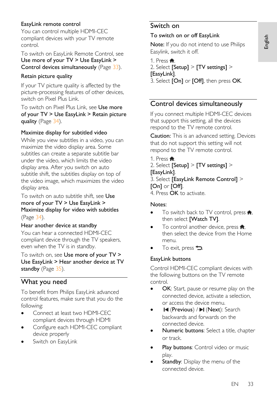 What you need, Switch on, Control devices simultaneously | Philips 32PDL7906H-12 User Manual | Page 33 / 72