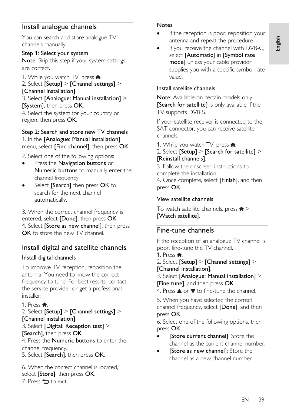 Install analogue channels, Install digital and satellite channels, Fine-tune channels | Philips 32PDL7906H-12 User Manual | Page 39 / 72