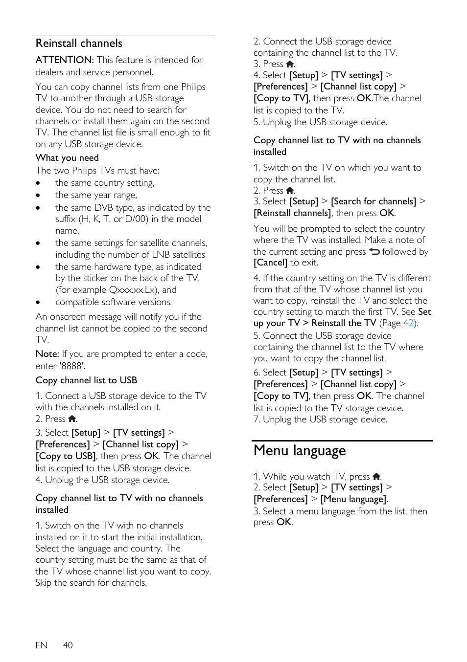 Reinstall channels, Menu language | Philips 32PDL7906H-12 User Manual | Page 40 / 72