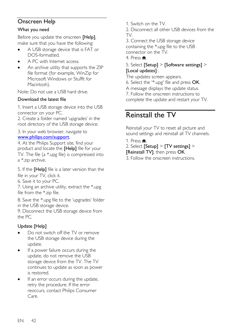 Onscreen help, Reinstall the tv | Philips 32PDL7906H-12 User Manual | Page 42 / 72