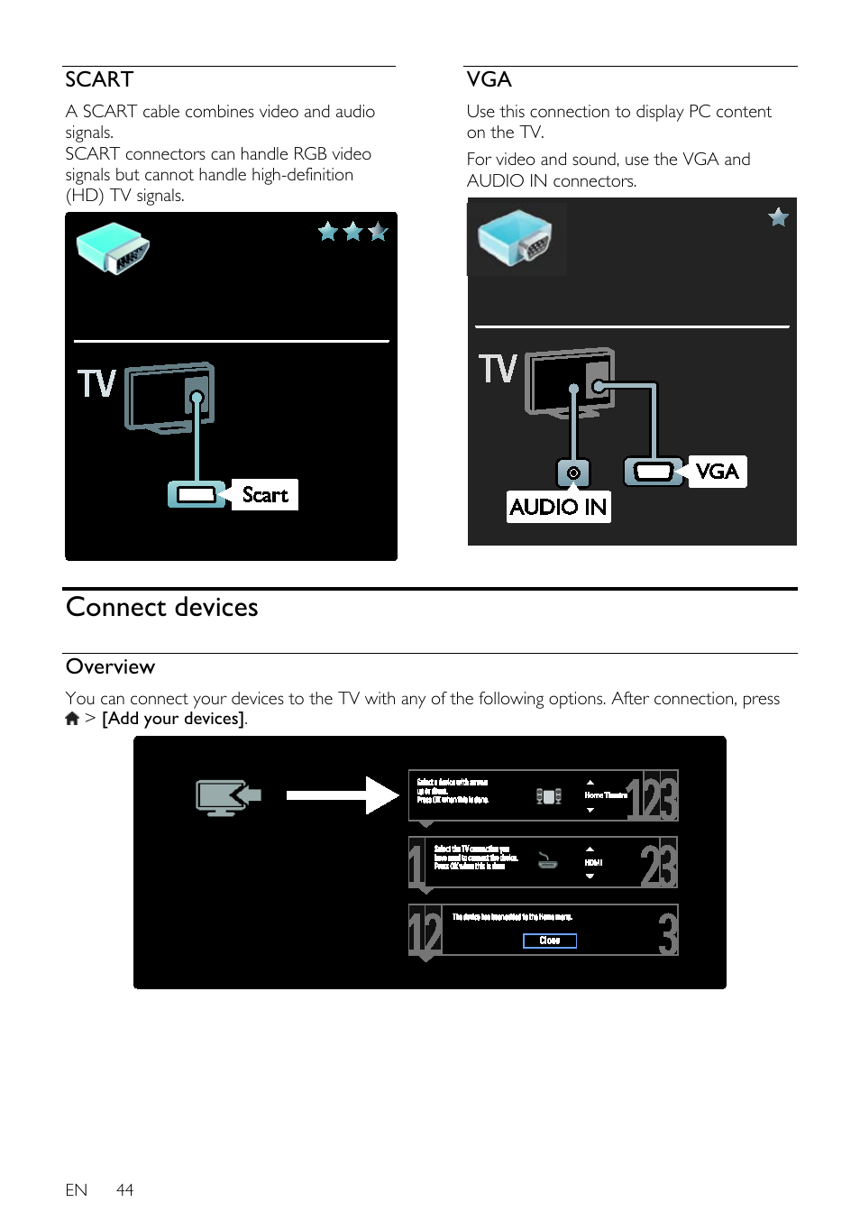 Scart, Connect devices, Overview | Philips 32PDL7906H-12 User Manual | Page 44 / 72