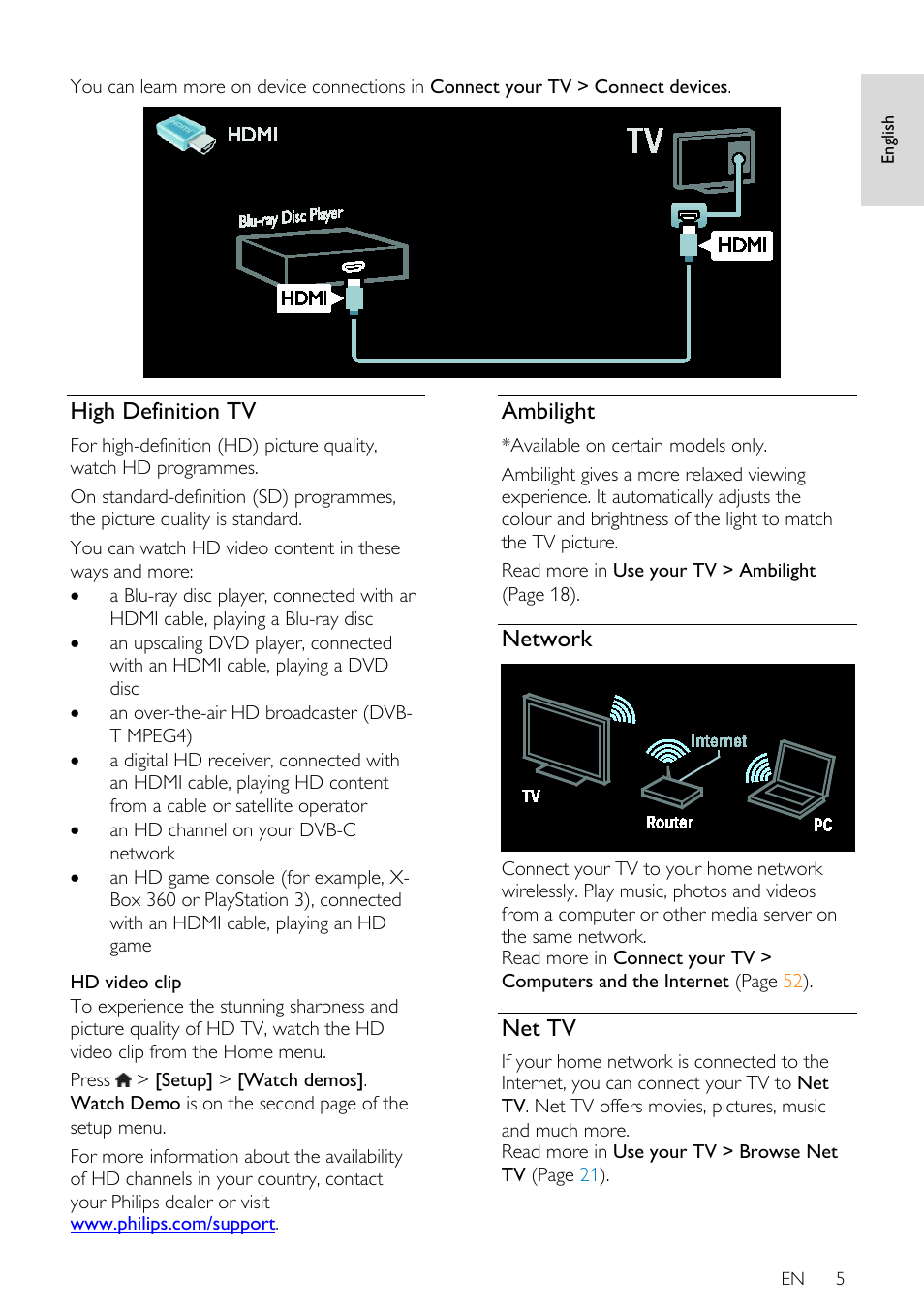 High definition tv, Ambilight, Network | Net tv | Philips 32PDL7906H-12 User Manual | Page 5 / 72