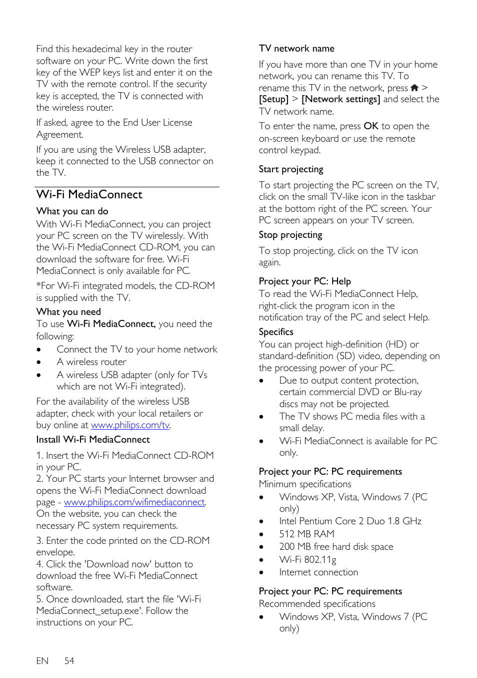 Wi-fi mediaconnect | Philips 32PDL7906H-12 User Manual | Page 54 / 72