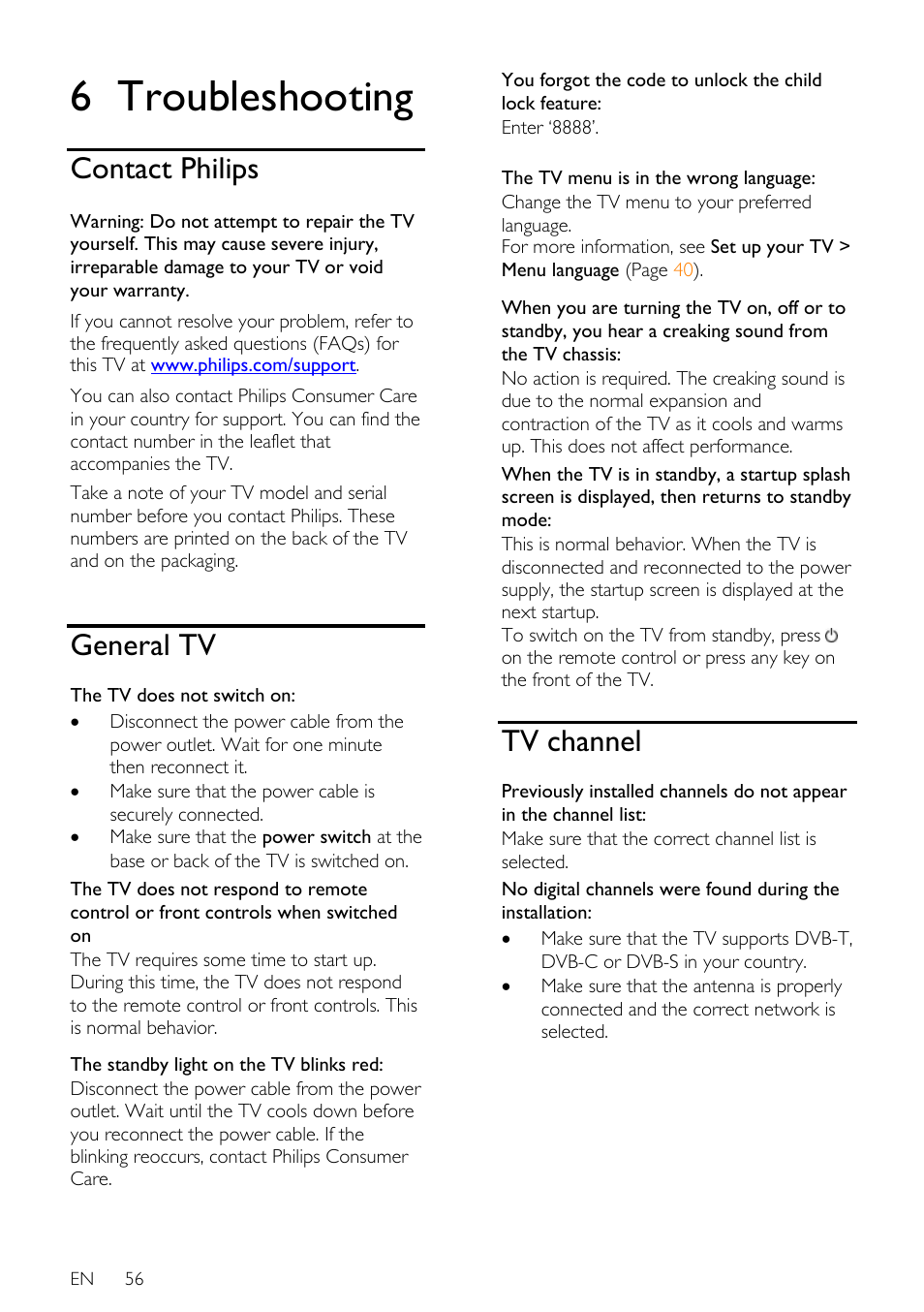 6 troubleshooting, Contact philips, General tv | Tv channel | Philips 32PDL7906H-12 User Manual | Page 56 / 72