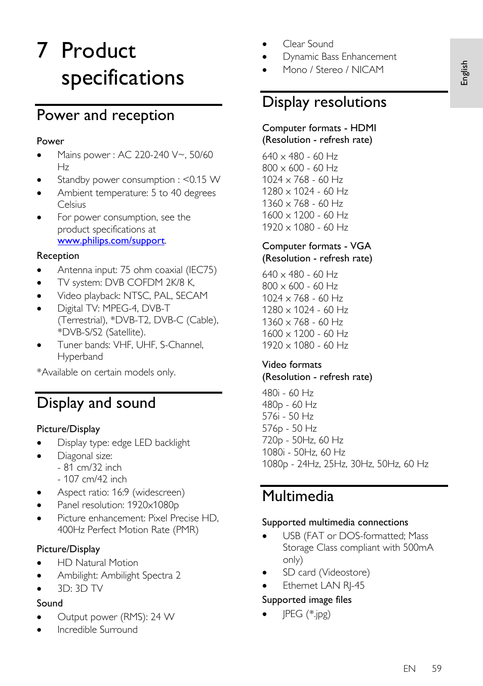 7 product specifications, Power and reception, Display and sound | Display resolutions, Multimedia | Philips 32PDL7906H-12 User Manual | Page 59 / 72