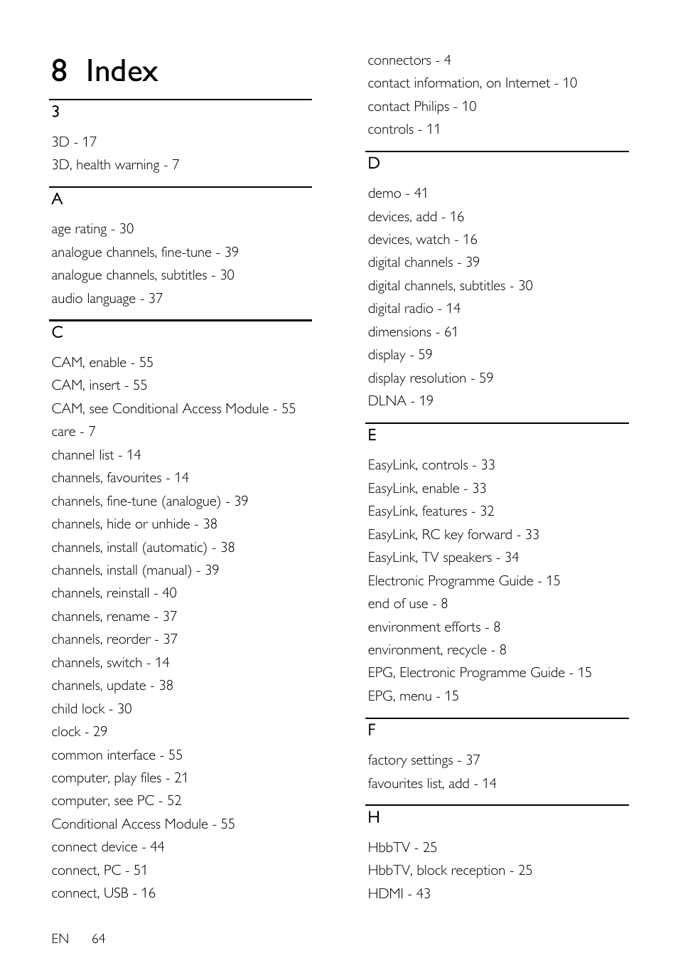 8 index | Philips 32PDL7906H-12 User Manual | Page 64 / 72