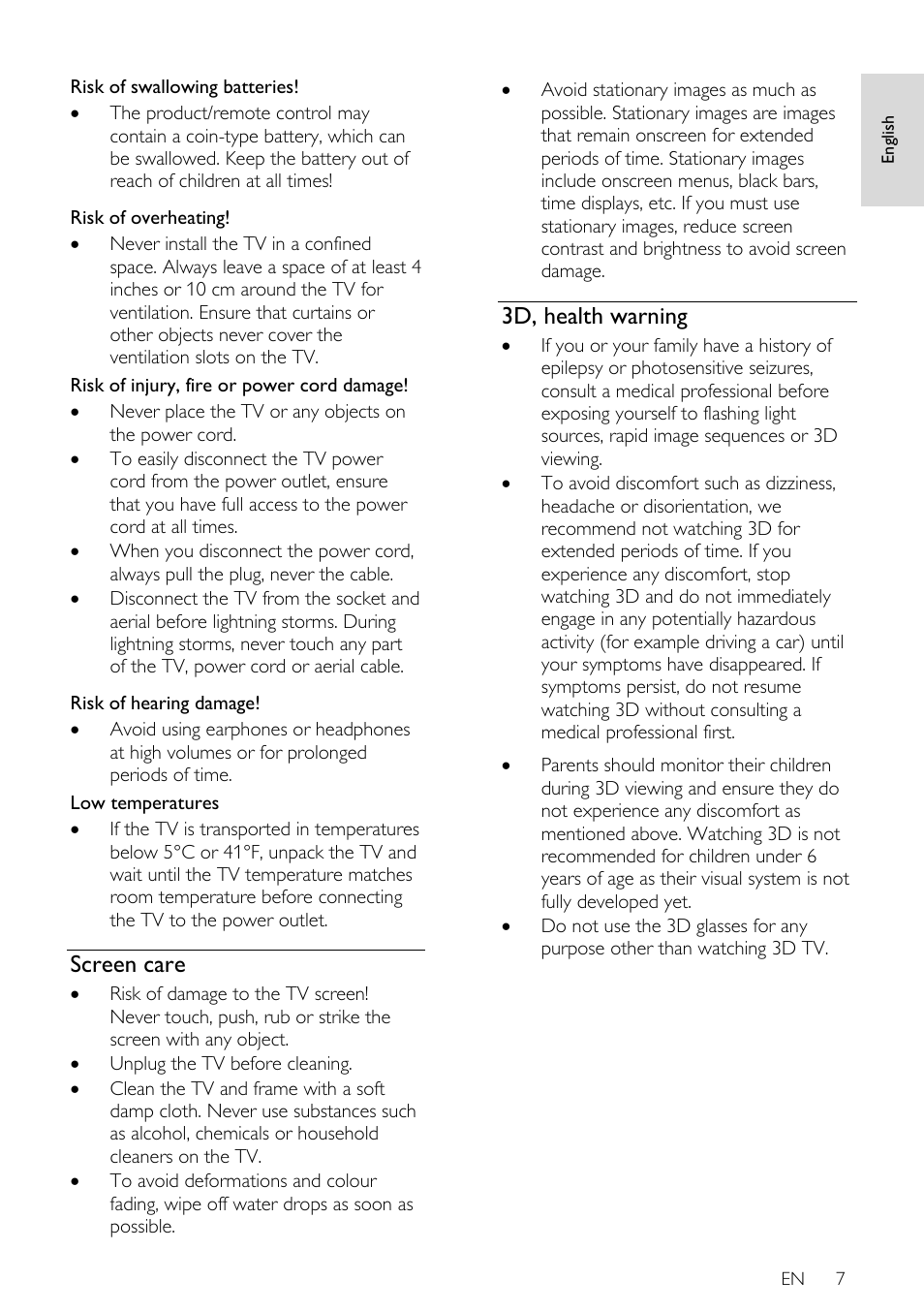 Screen care, 3d, health warning | Philips 32PDL7906H-12 User Manual | Page 7 / 72