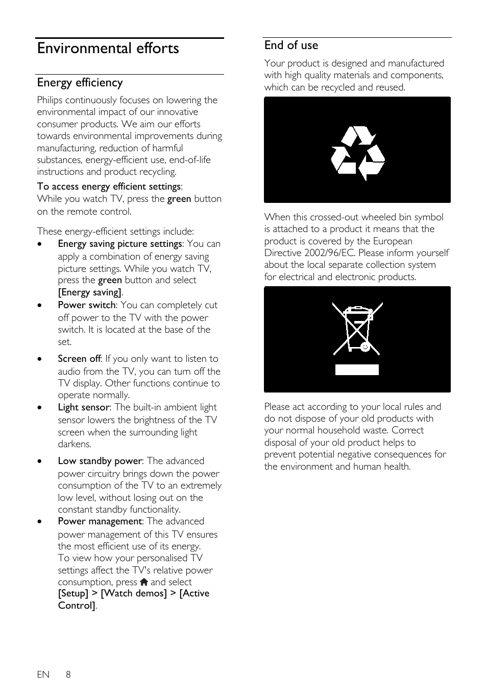 Environmental efforts, Energy efficiency, End of use | Philips 32PDL7906H-12 User Manual | Page 8 / 72