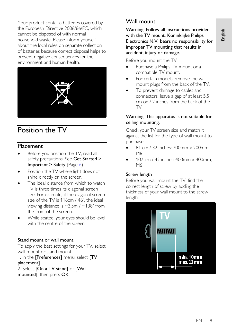 Position the tv, Placement, Wall mount | Philips 32PDL7906H-12 User Manual | Page 9 / 72