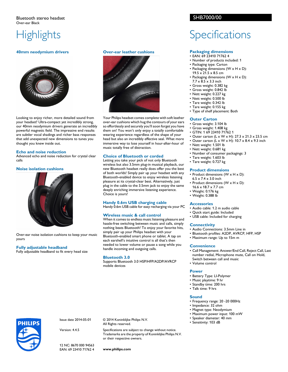 Highlights, Specifications | Philips SHB7000-00 User Manual | Page 2 / 2