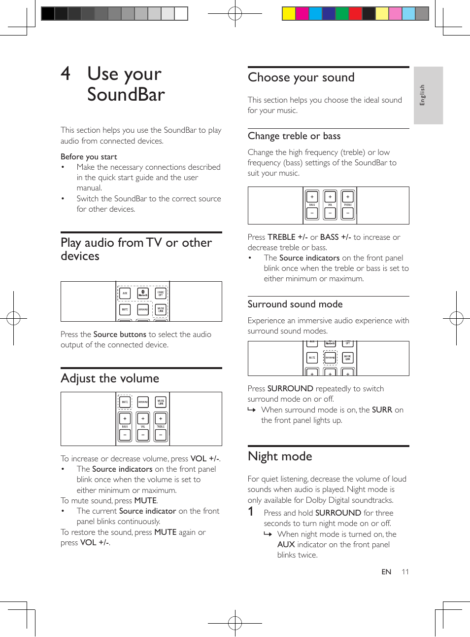 4 use your soundbar, Play audio from tv or other devices, Adjust the volume | Choose your sound, Night mode | Philips CSS2133B-F7 User Manual | Page 10 / 17