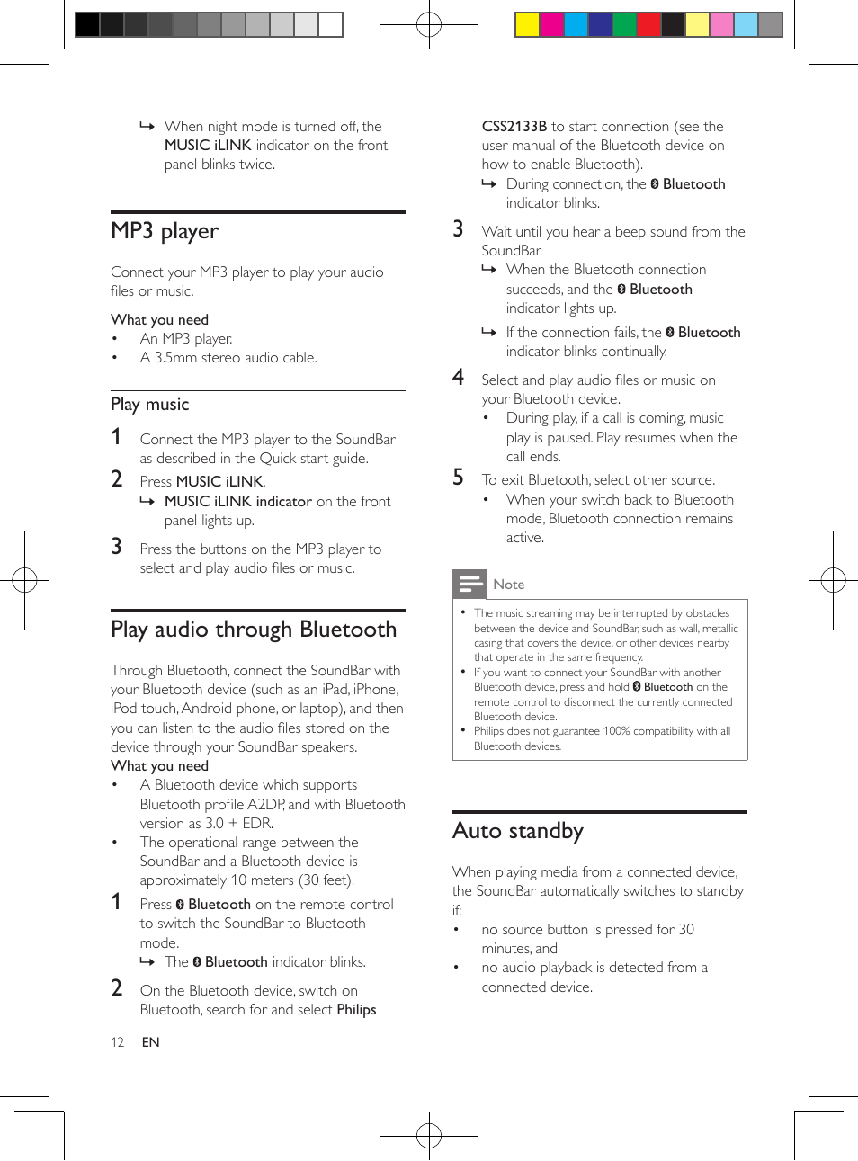4 use your soundbar, Play audio from tv or other devices, Adjust the volume | Choose your sound, Change treble or bass, Surround sound mode, Night mode, Mp3 player, Play audio through bluetooth, Auto standby | Philips CSS2133B-F7 User Manual | Page 11 / 17