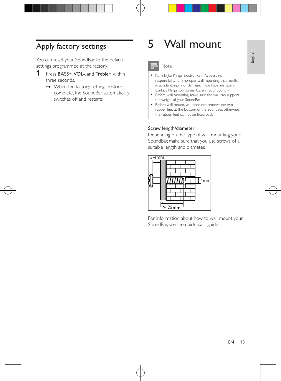 Mp3 player, Play music, Play audio through bluetooth | Auto standby, Apply factory settings, 5 wall mount | Philips CSS2133B-F7 User Manual | Page 12 / 17