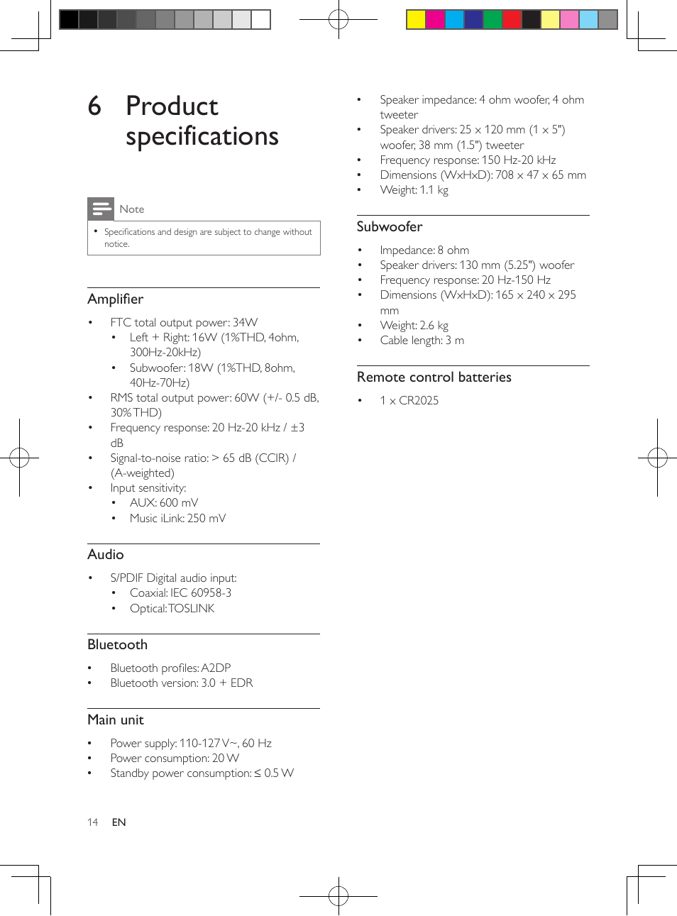 Apply factory settings, 6 product specifications | Philips CSS2133B-F7 User Manual | Page 13 / 17