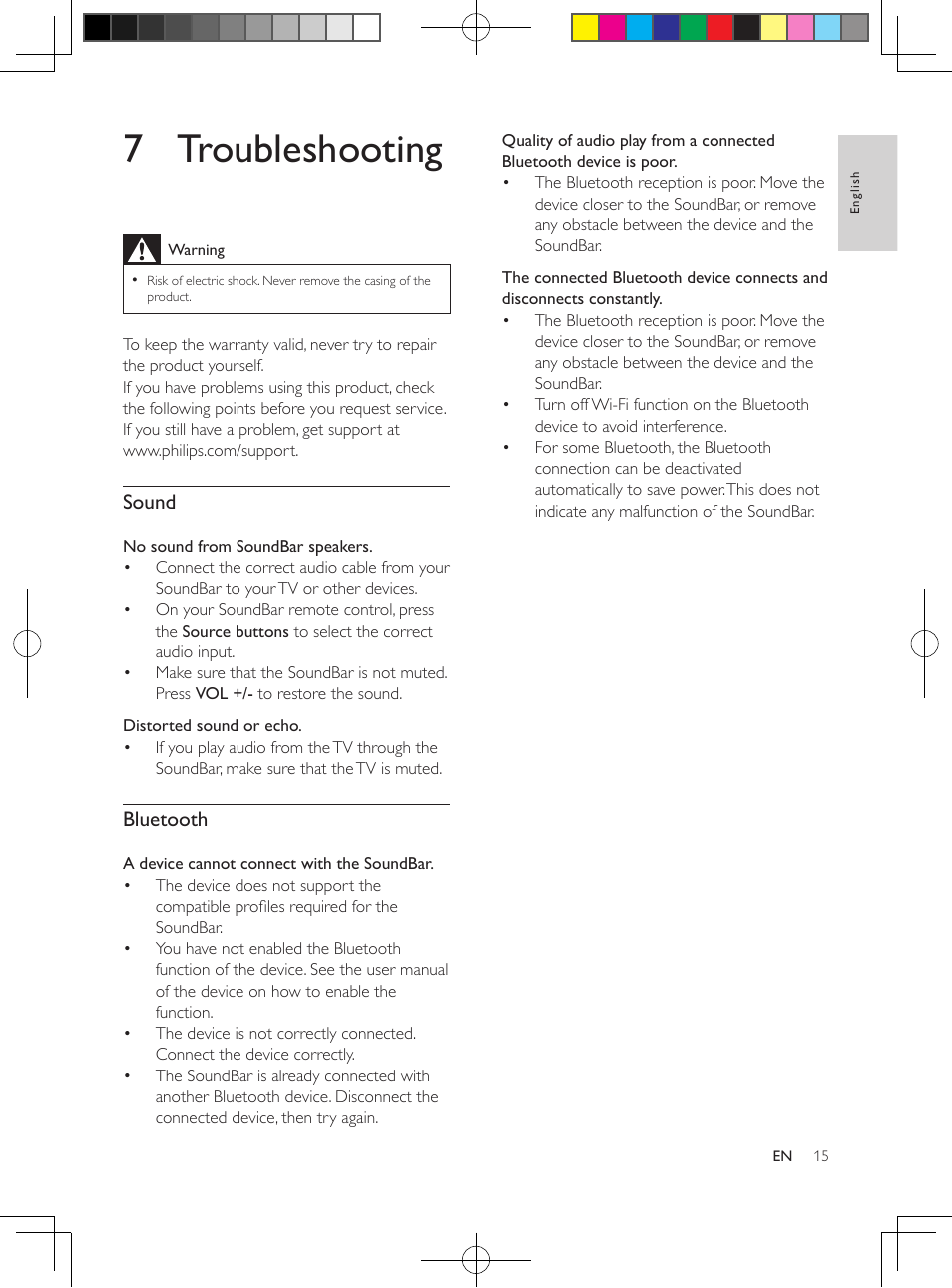 5 wall mount, 7 troubleshooting, Sound | Bluetooth | Philips CSS2133B-F7 User Manual | Page 14 / 17