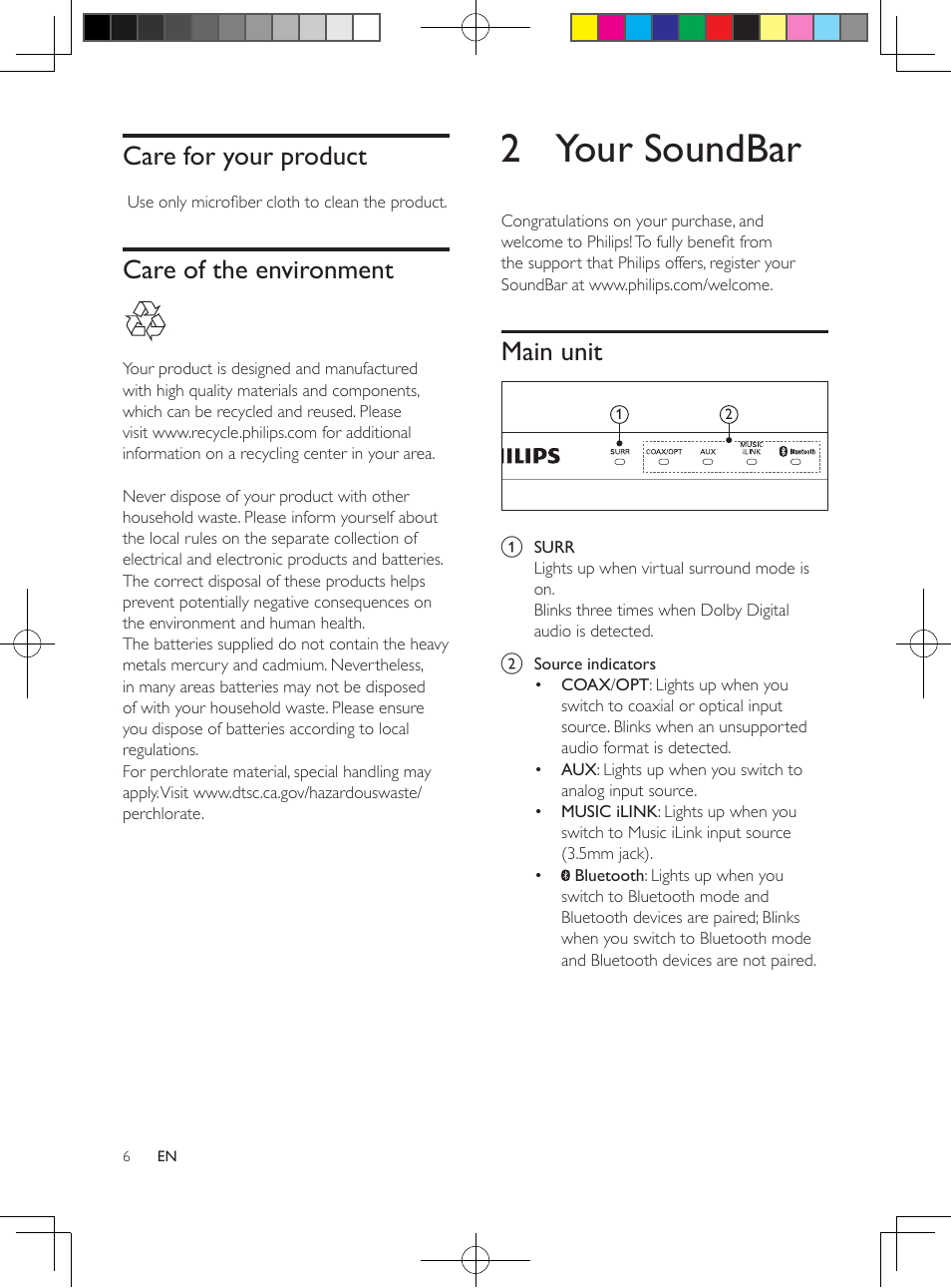 Care for your product, Care of the environment, 2 your soundbar | Main unit | Philips CSS2133B-F7 User Manual | Page 5 / 17