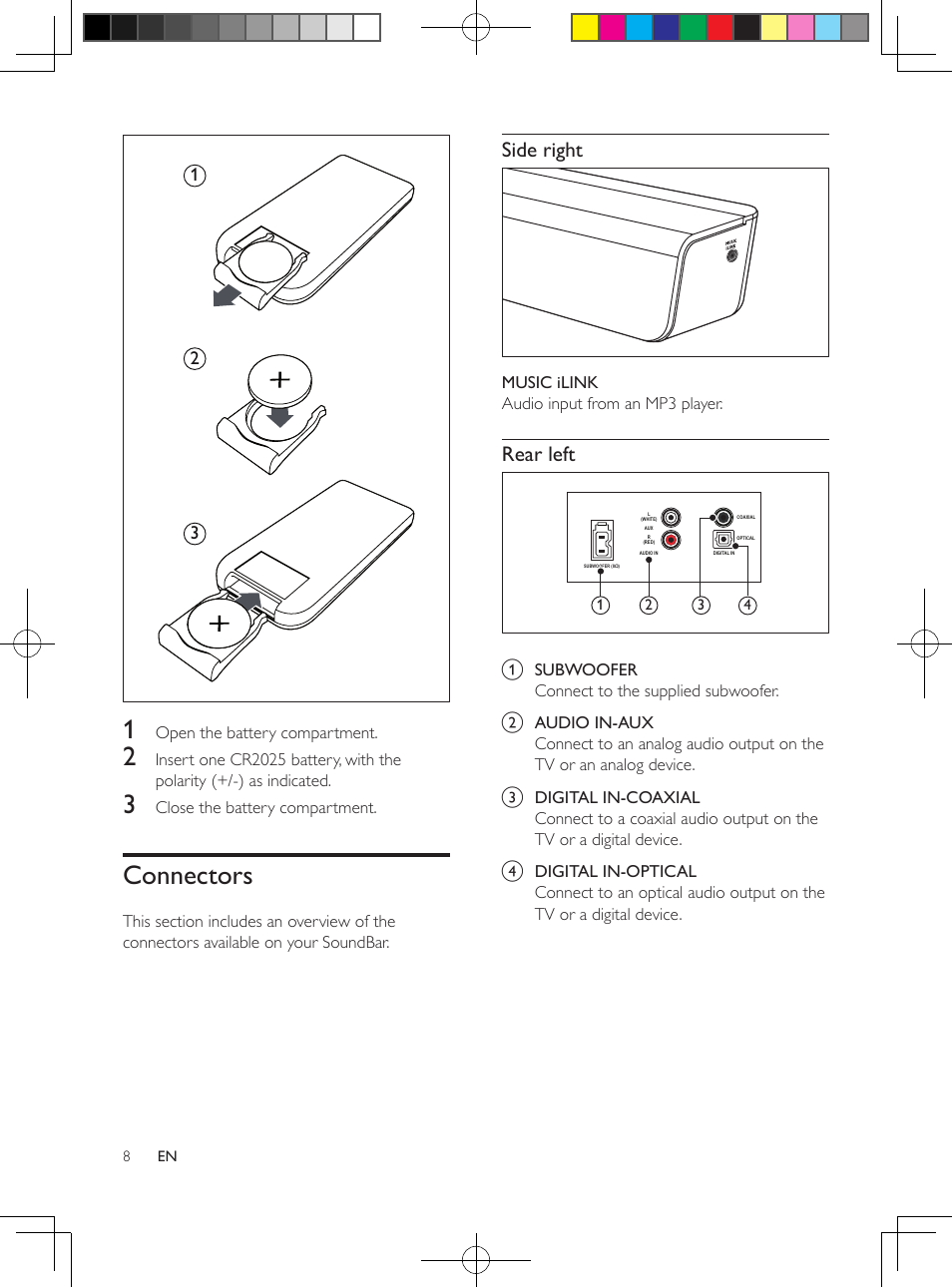 Replace battery, Connectors | Philips CSS2133B-F7 User Manual | Page 7 / 17