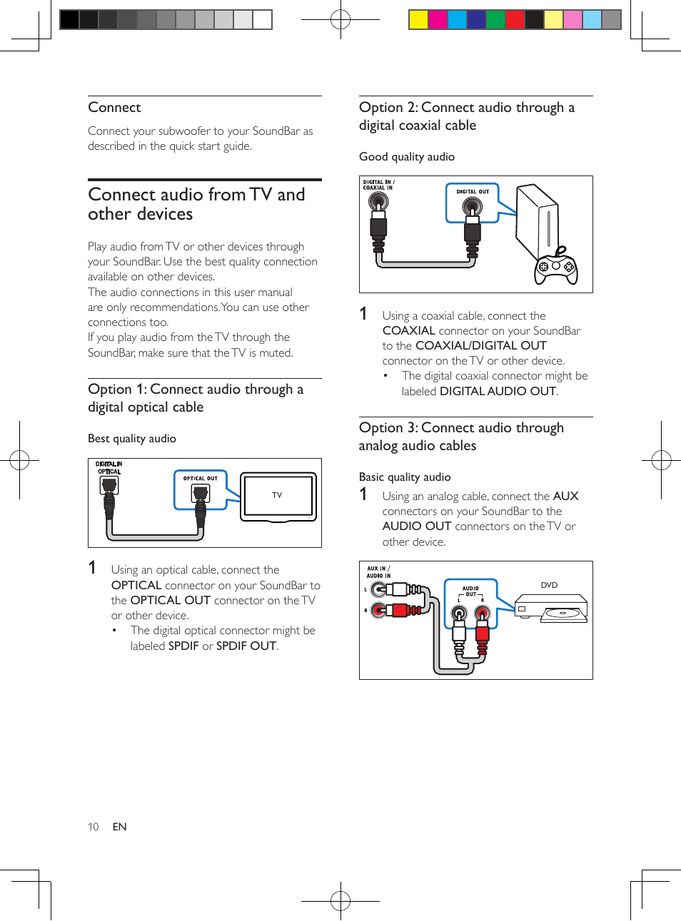 3 connect, Subwoofer, Position | Connect, Connect audio from tv and other devices, Connect audio from tv and other, Devices | Philips CSS2133B-F7 User Manual | Page 9 / 17