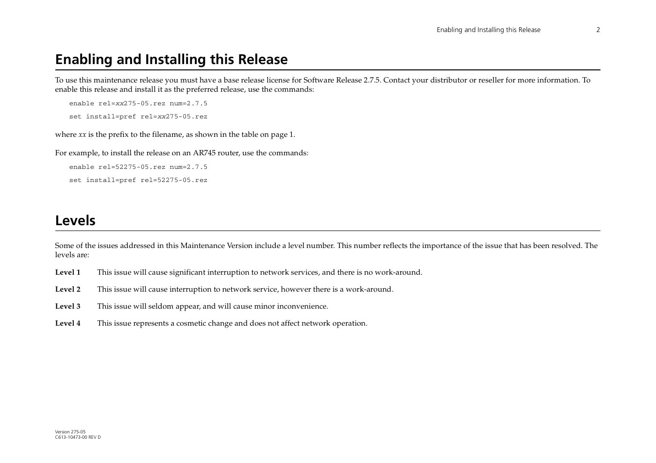 Enabling and installing this release, Levels | Allied Telesis AR700 Series User Manual | Page 2 / 53