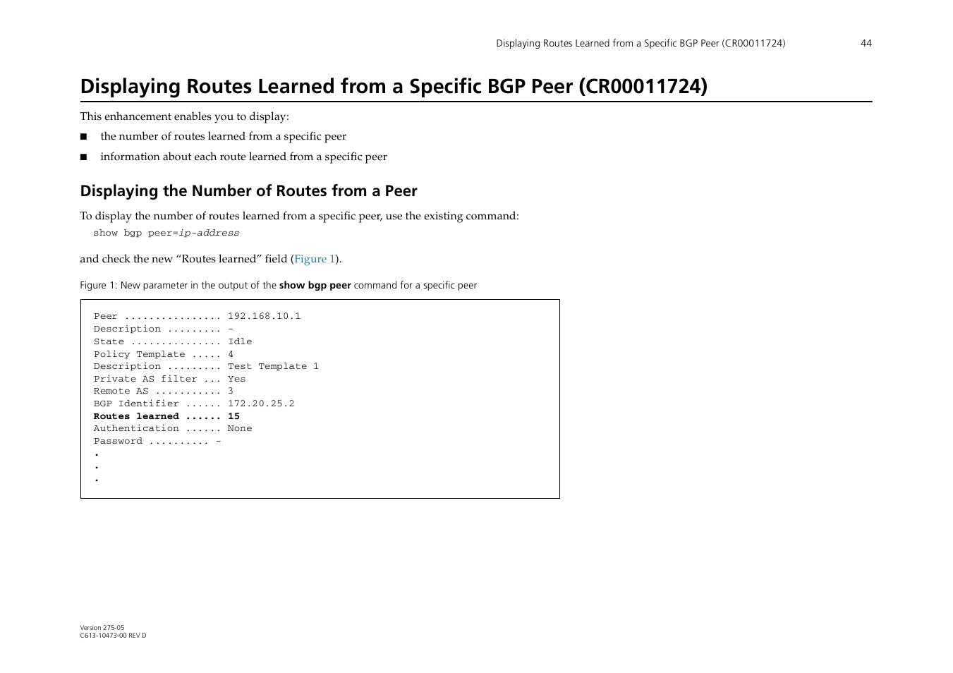 Displaying the number of routes from a peer | Allied Telesis AR700 Series User Manual | Page 44 / 53