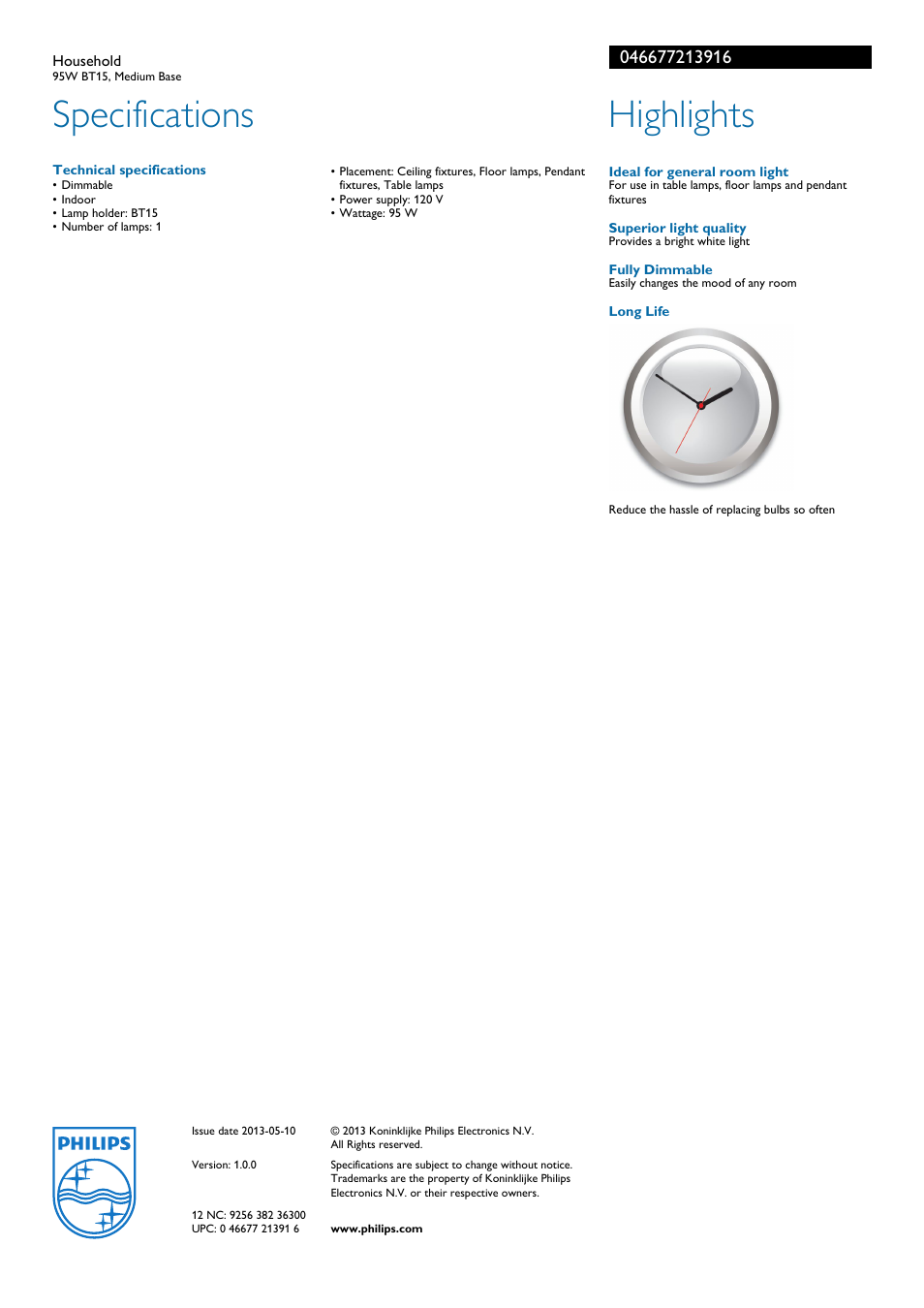 Specifications, Highlights | Philips 046677213916 User Manual | Page 2 / 2