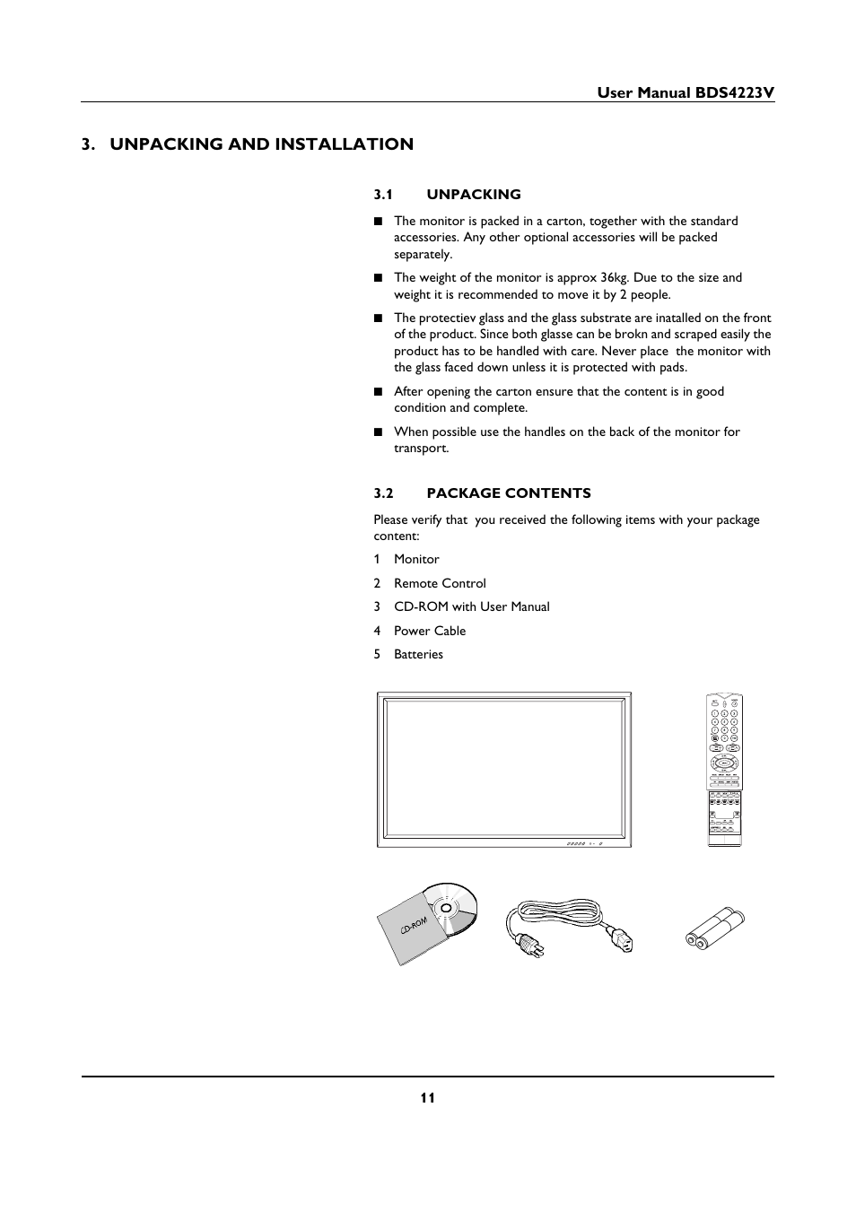 Unpacking and installation, 1 unpacking, 2 package contents | Unpacking and installation 3.1, Unpacking, Package contents | Philips BDS4223V-27 User Manual | Page 13 / 58