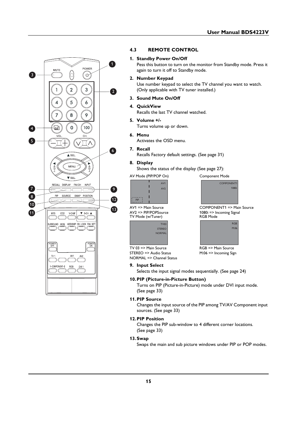 3 remote control, Remote control, User manual bds4223v | Philips BDS4223V-27 User Manual | Page 17 / 58