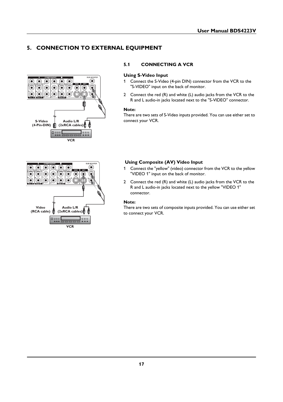 Connection to external equipment, 1 connecting a vcr, Connection to external equipment 5.1 | Connecting a vcr | Philips BDS4223V-27 User Manual | Page 19 / 58