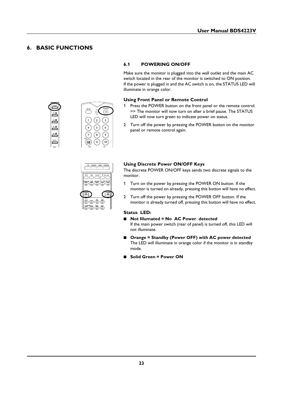 Basic functions, 1 powering on/off, Basic functions 6.1 | Powering on/off | Philips BDS4223V-27 User Manual | Page 25 / 58