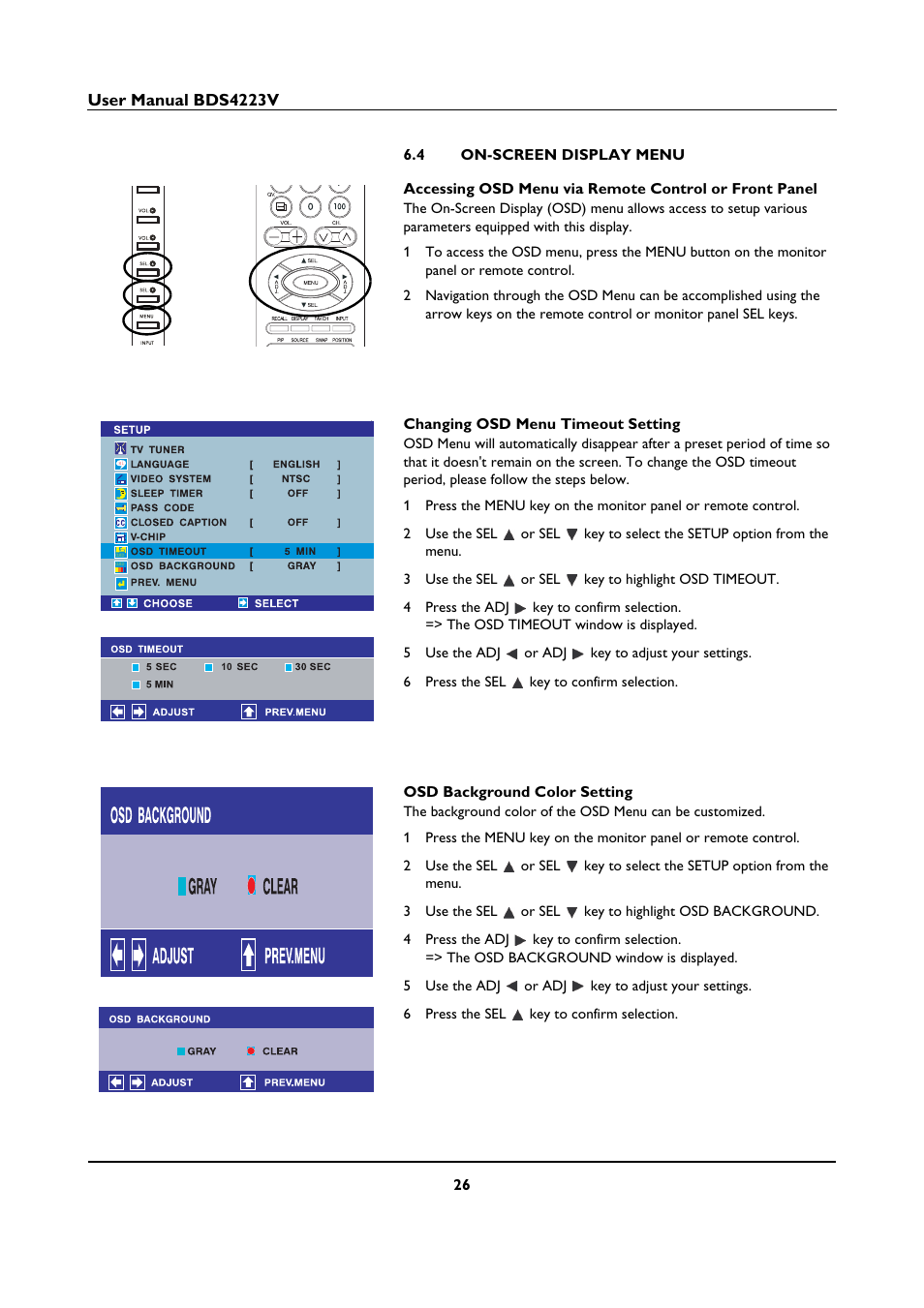 4 on-screen display menu, On-screen display menu | Philips BDS4223V-27 User Manual | Page 28 / 58