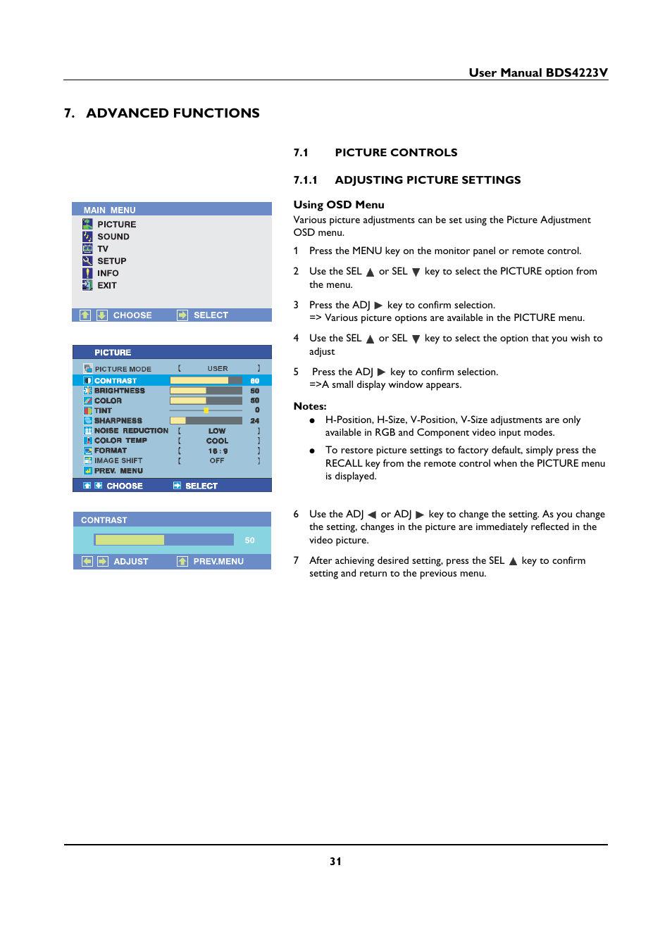 Advanced functions, 1 picture controls, 1 adjusting picture settings | Advanced functions 7.1, Picture controls 7.1.1, Adjusting picture settings | Philips BDS4223V-27 User Manual | Page 33 / 58