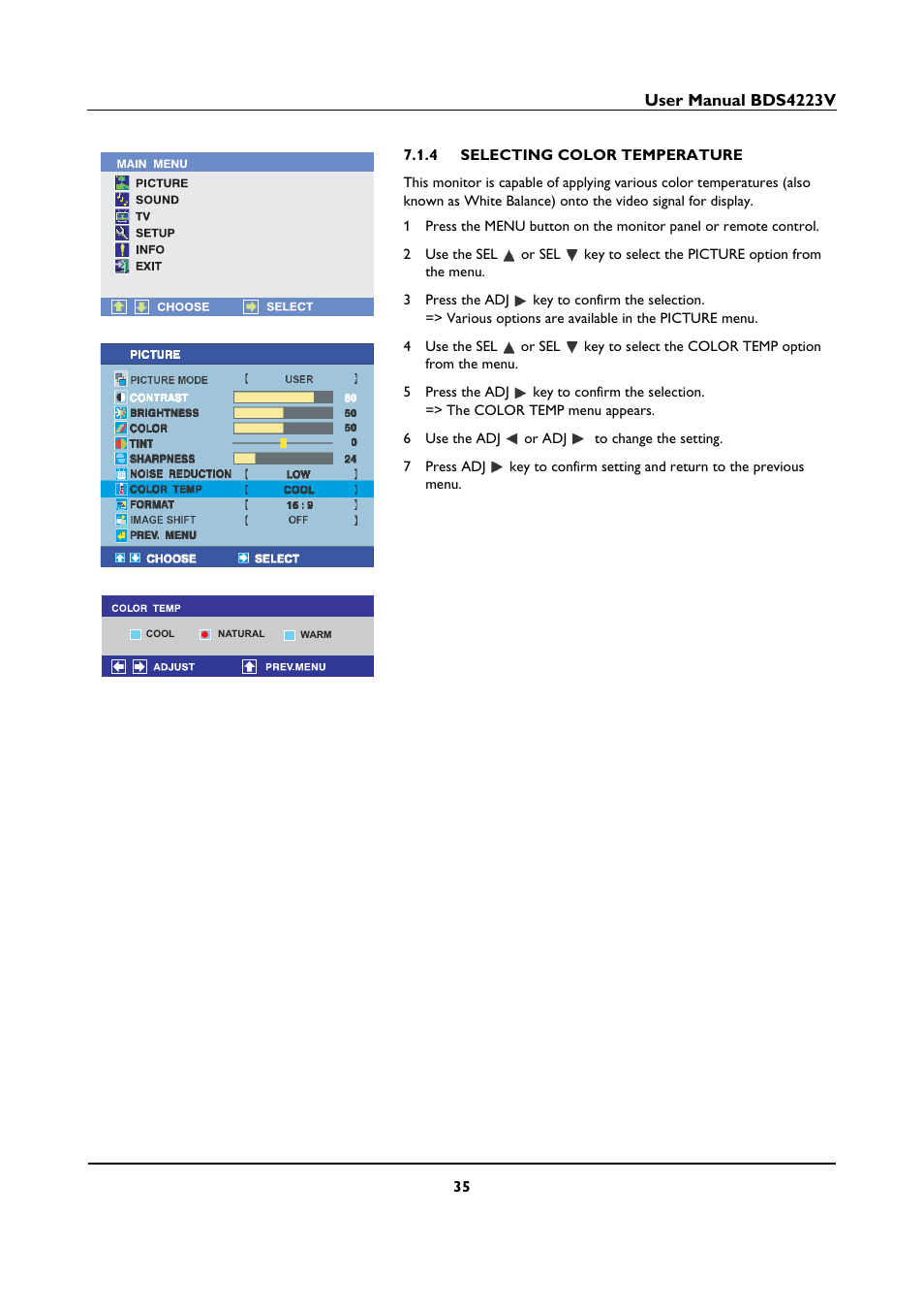 4 selecting color temperature, Selecting color temperature | Philips BDS4223V-27 User Manual | Page 37 / 58