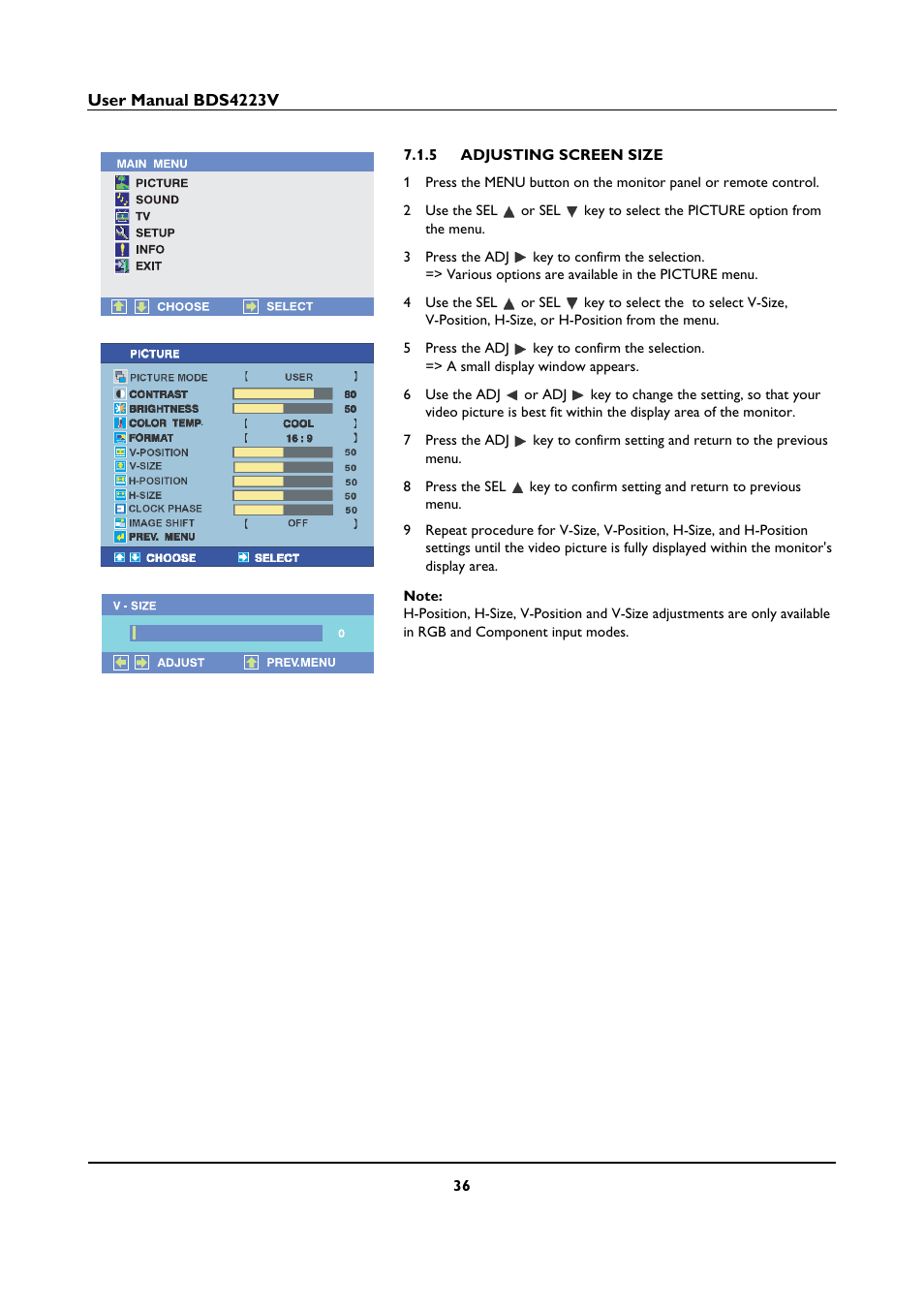 5 adjusting screen size, Adjusting screen size | Philips BDS4223V-27 User Manual | Page 38 / 58