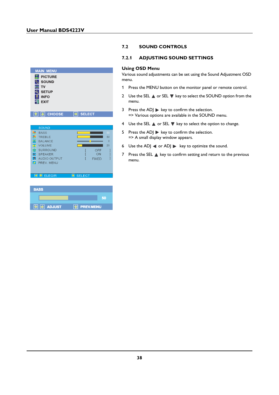 2 sound controls, 1 adjusting sound settings, Sound controls 7.2.1 | Adjusting sound settings | Philips BDS4223V-27 User Manual | Page 40 / 58