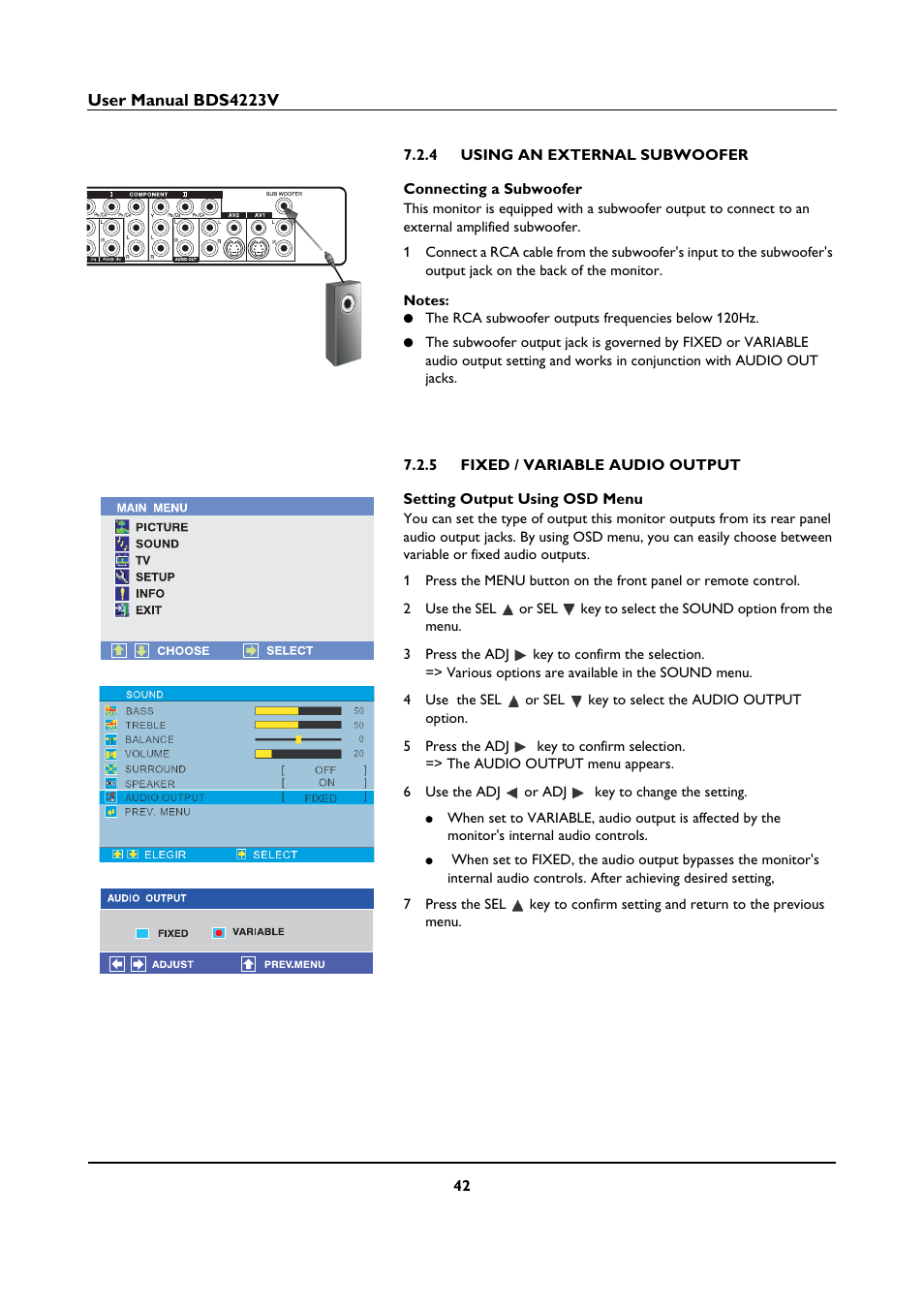 4 using an external subwoofer, 5 fixed / variable audio output, Using an external subwoofer | Fixed / variable audio output | Philips BDS4223V-27 User Manual | Page 44 / 58